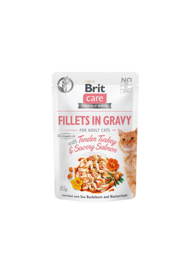 Вологий корм для котів Brit Care Cat pouch, філе в соусі, ніжна індичка і пікантний лосось